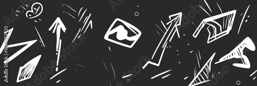White chalk hand drawn arrows and abstract lines decoration elements on blackboard background vector illustration with motion emphasis shapes and doodle texture