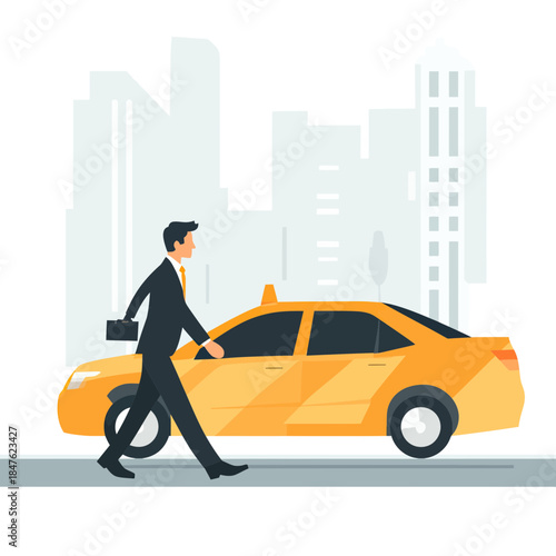 Businessman walking toward yellow taxi cab with briefcase on city street in modern urban environment flat vector