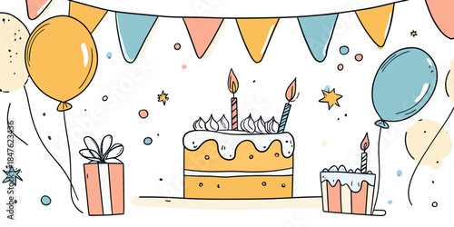 Hand drawn birthday cake with lit candles, balloons, party flags, confetti, and gift box celebration doodle vector illustration in minimalist flat style