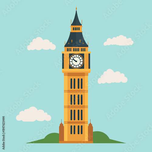 Flat minimalist vector illustration of Big Ben clock tower London iconic landmark with blue sky and clouds background