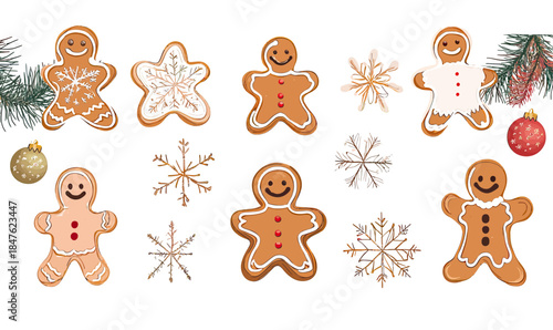 Christmas gingerbread cookies set with decorated gingerbread men and snowflake cookie shapes with festive holiday ornaments and pine branches vector illustration