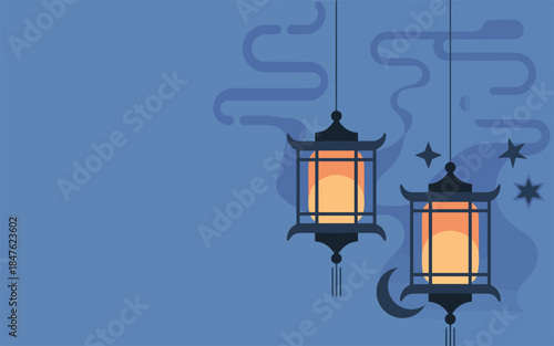 Two lanterns hanging in the night sky with a crescent moon and stars