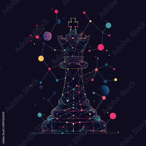 Abstract digital illustration of chess king piece with interconnected network nodes and colorful cosmic spheres representing strategy and connectivity in modern technology and space design concepts