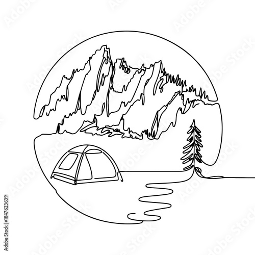 Mountain Landscape with Tent and Tree in Circle Continuous Line Art