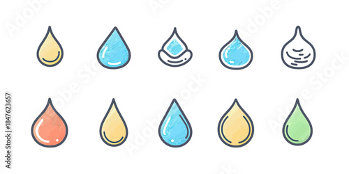 Colorful water drop icons set with various fill styles and outlines in flat minimalist design for liquid and moisture concept illustrations