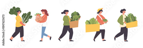 Diverse casual people carrying fresh organic vegetables in flat minimalist style healthy lifestyle concept balanced vegan diet illustration