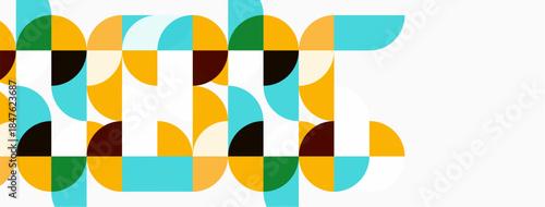 Abstract geometric pattern. Circles, semicircles create repeating design. Colors include brown, green, gold, turquoise. Minimalist style.