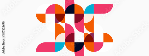 Abstract geometric design. Circles, semicircles, shapes overlap creating letterform. Bright colors dominate white background. Modern, playful aesthetic.