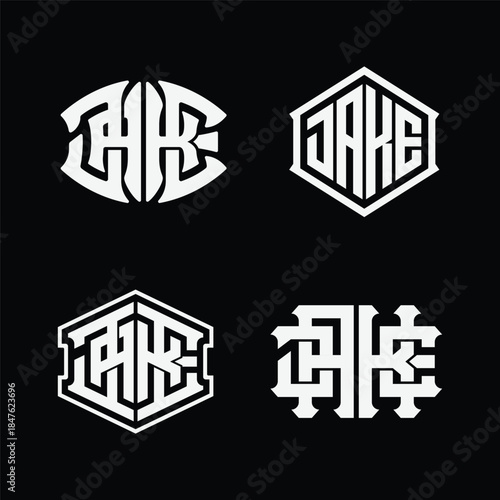 Collection JAKE monogram with hexagonal frame, interlocking and overlapping, can be applied to logos, clothing designs, social media visuals, print materials, and various digital branding purposes.
