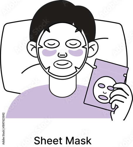 Relaxed Vector Man Applying Sheet Mask in Basic Skincare Routine