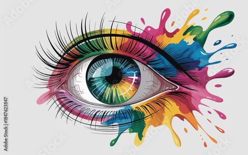 A vibrant eye with colorful paint splatters and eyelashes, showcasing creativity and artistry in a close-up view
