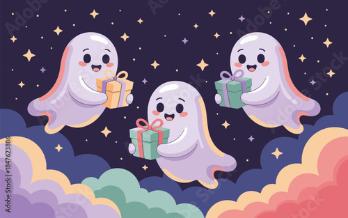 Three ghostly figures floating amidst clouds and stars, holding wrapped presents in a whimsical nighttime scene.