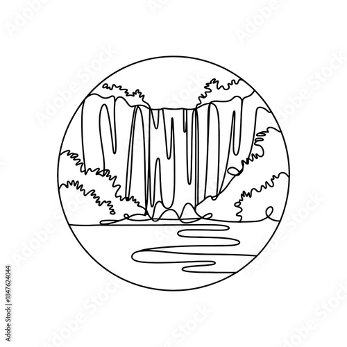 Continuous Line Drawing Waterfall Flowing Into River Surrounded by Lush Greenery in Circle