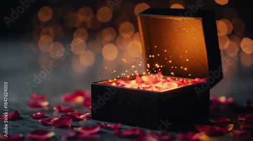 Gift Box Opening with Light and Rose Petals
