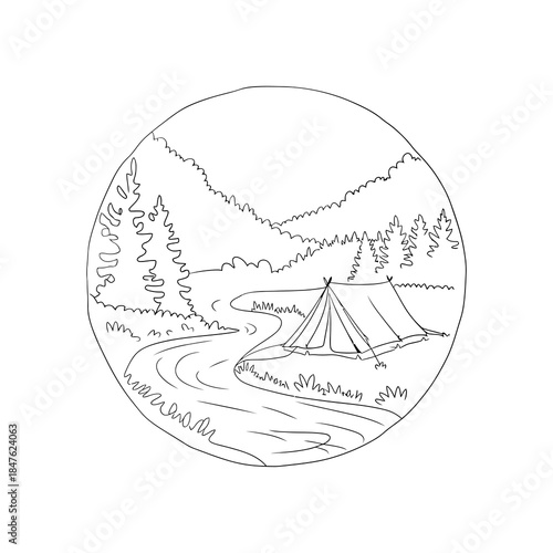 Tent by River in Forested Mountains Landscape Line Art Circle
