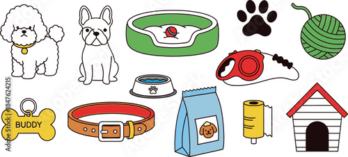 Cute dog accessories and pet care items illustration