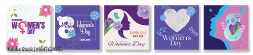 Creative 8 March Women’s Day marketing design set with social media posts, banner ads, square flyer posters bundle, floral vector backgrounds collections, artistic female face silhouette design