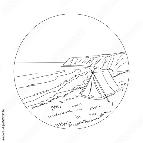 Tent Camping on Beach Shoreline with Ocean Waves and Coastal Cliffs