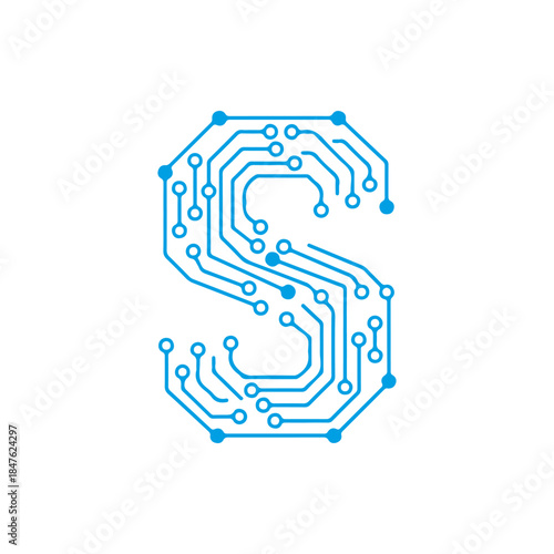 A vector icon of the letter 'S' designed with blue electronic circuit lines, symbolizing cyber security, software development, and modern digital systems. Ready in PNG, JPG, and editable EPS formats.