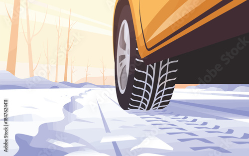 A vehicle navigates through a snowy road with tire tracks in the winter landscape