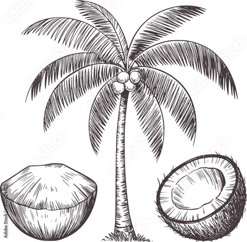 Black and white hand drawn coconut palm tree with coconuts