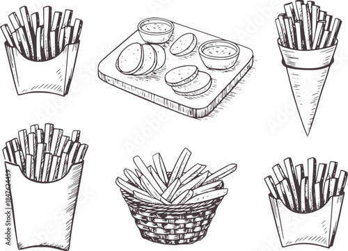 Black and white hand drawn of french fries in containers