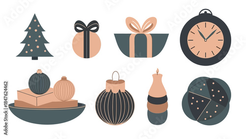 Collection of Festive Christmas and New Year Holiday Objects.