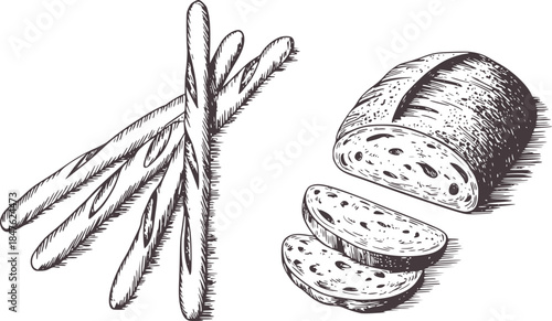 Black and white hand drawn of breadsticks and sliced bread loaf