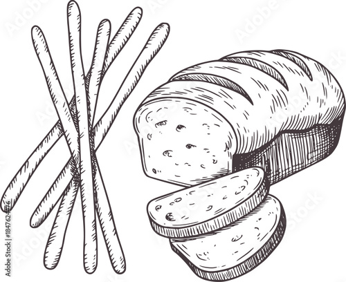 Black and white hand drawn of breadstick and sliced loaf of bread