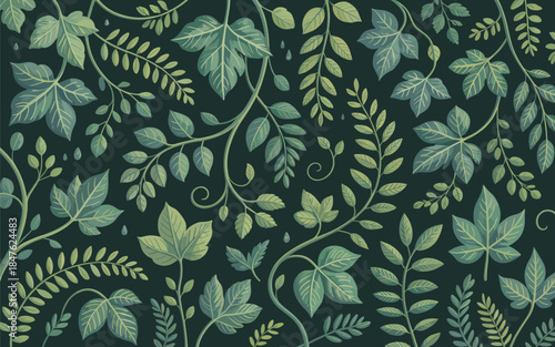 A lush botanical illustration featuring various green leaves and ferns on a dark background from a close-up viewpoint