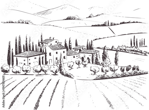 Black and white of Tuscan countryside with vineyard and farmhouses