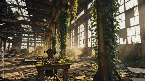 Overgrown industrial decay fills a large, window-lit hall with vines, shattered glass, and natural reclamation