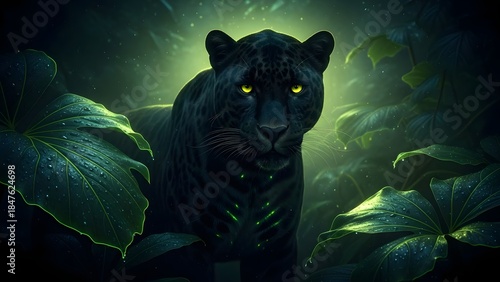 Majestic glowing black panther emerges from dark lush jungle foliage with striking yellow eyes under ethereal light