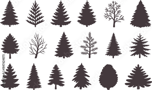 Sixteen black tree silhouettes white trees nature