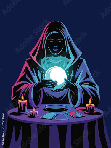 A mystical fortune teller gazes into a glowing crystal ball on a dimly lit table surrounded by candles and tarot cards from a frontal viewpoint