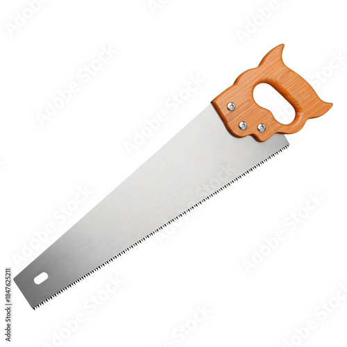 Wooden-handled wood saw with silver blade on white background  
