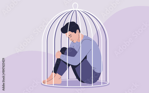 A person trapped inside a large birdcage, conveying feelings of isolation and confinement in a surreal illustration.