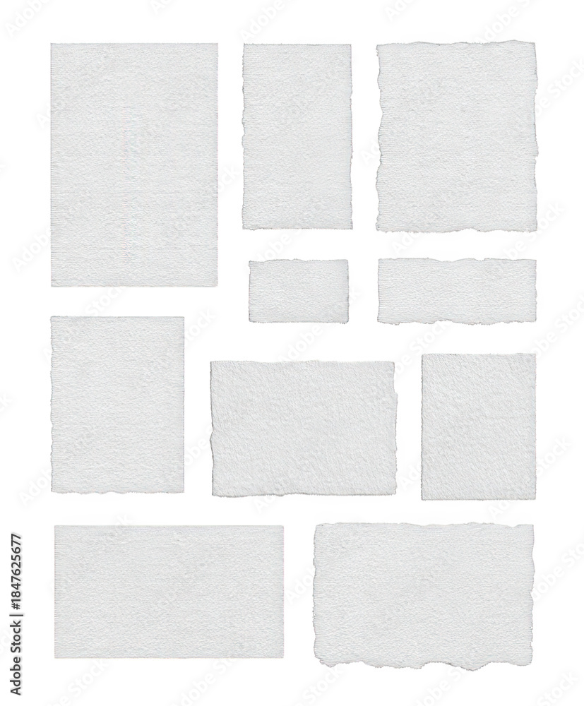 Fototapeta premium torn blank pages with uneven texture edges. set of ripped white paper sheets png isolated on transparent background. document or newspaper mockup.