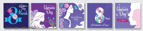 Set of 8 March Womens Day celebration social media posts banner ads template pack with square flyer posters web banners floral vector backgrounds and women face silhouette collection