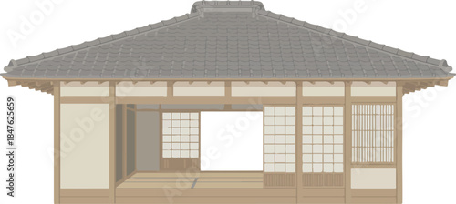 Simple Japanese room interior with tatami mats sliding doors and wooden frame structure clean design