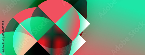 Abstract composition featuring overlapping colorful circles, gradients. Teal dominates right side, red and green blend left. Modern design.