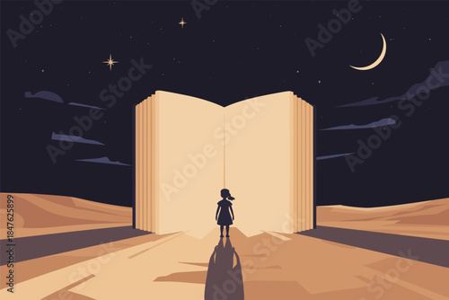 A lone figure stands before an open book in the desert under a starry night sky