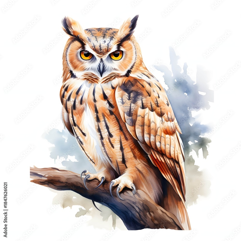 Fototapeta premium Watercolor illustration of a great horned owl perched on a branch