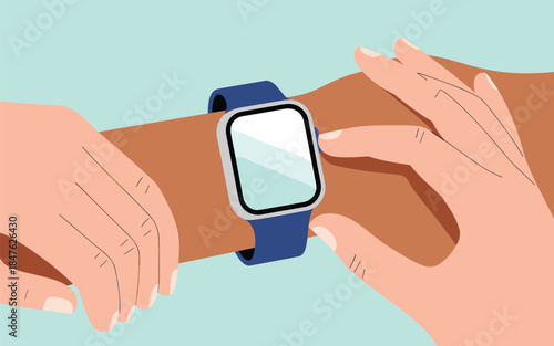 Hands adjusting a smartwatch on a wrist from a close-up viewpoint