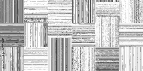 Black and white abstract pattern of horizontal and vertical lines with textured effects