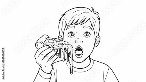 Coloring book - Young boy surprised while holding a slice of dripping pizza  