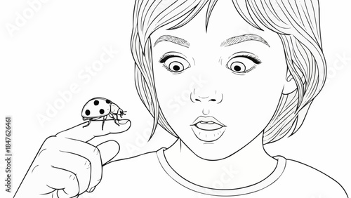 Coloring book - Curious child observing a ladybug on their finger with amazement  