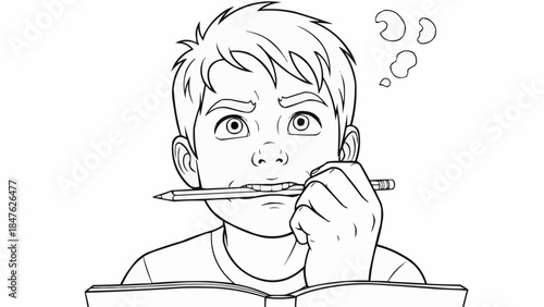 Coloring book - The boy is thinking, biting his pencil