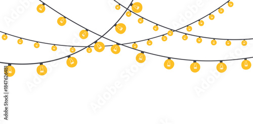 Light garland decoration. Hanging lighbulbs on strings, electric ornament, illumination. Retro bulbs, festive adornment. Holiday lamps decor. Flat vector illustration isolated on white background