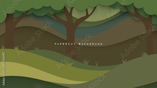 Vector illustration of a green forest landscape with trees, hills, grass, and sky in a peaceful background